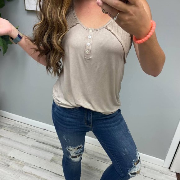 POL Tops - Taupe Button Tank